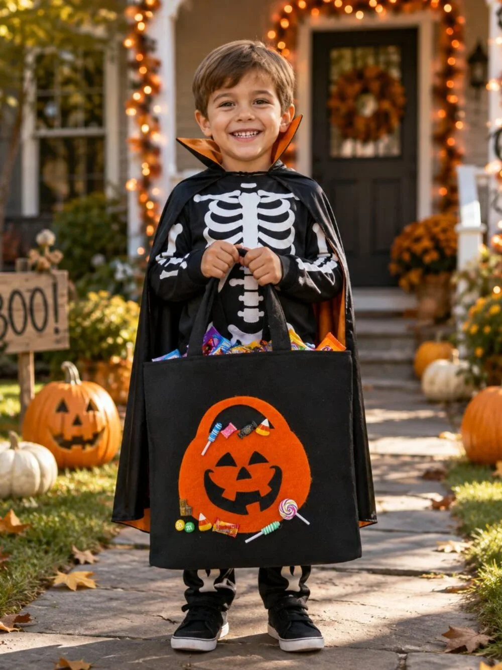Pumpkin Halloween Treat Bag, Handmade Felt Trick or Treat Bag, Kids Halloween